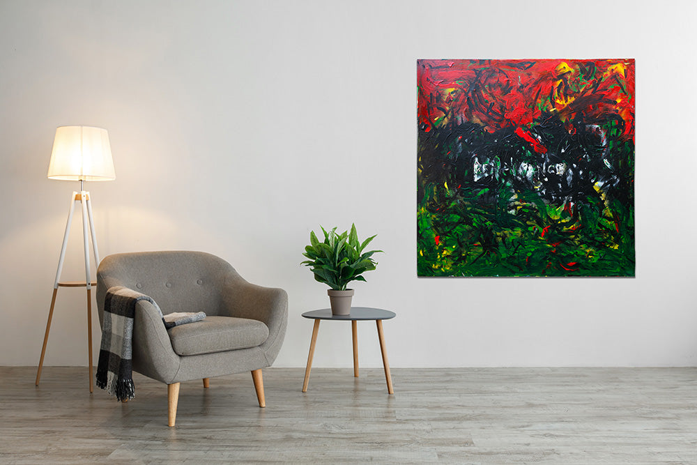Red, green, black, white and yellow abstract painting in a modern interior