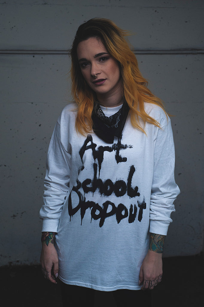 Art School Dropout long sleeved tee worn by Elle Munster. Photo by Alex Pearson