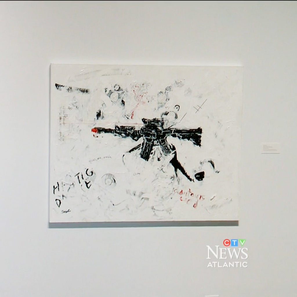 Painting of an AR15 hung on a white gallery wall