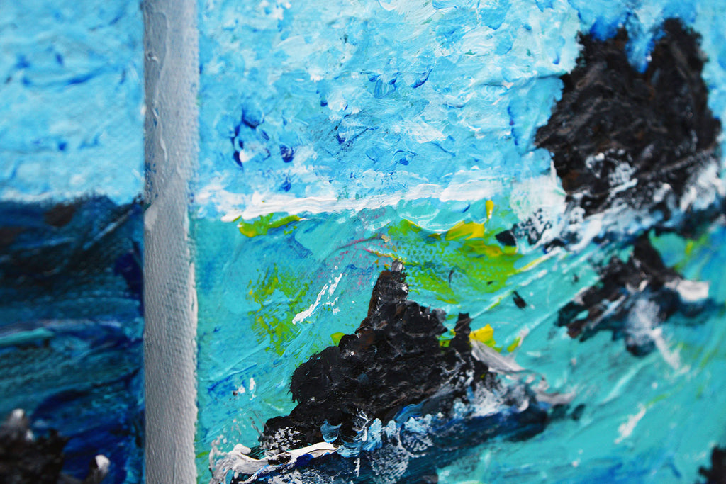 Abstract painting with black shapes and blue background