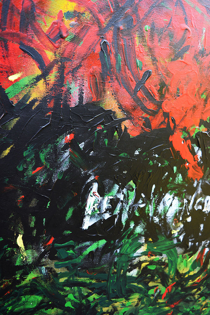 Red, green, black, white and yellow abstract painting