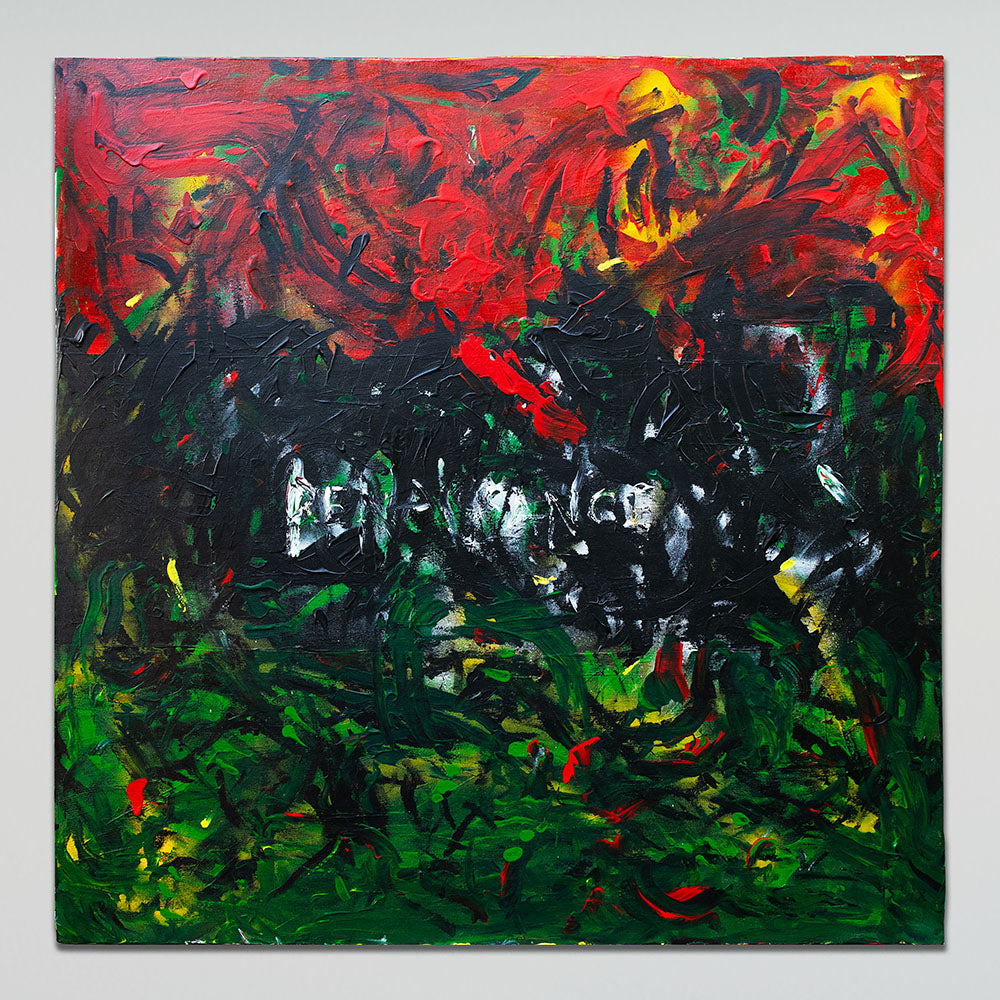Red, green, black, white and yellow abstract painting