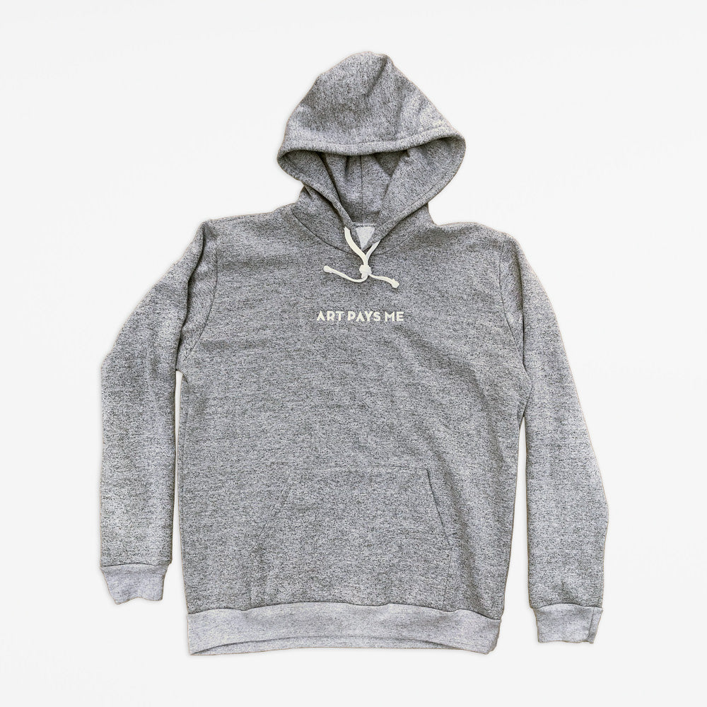 50/50 ring spun poly/cotton fleece sport grey hoodie with Art Pays Me embroidered on the chest in white thread. 